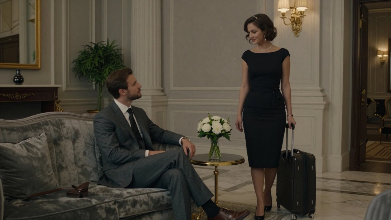 A man and woman meeting discreetly in a luxurious Paris hotel lobby.