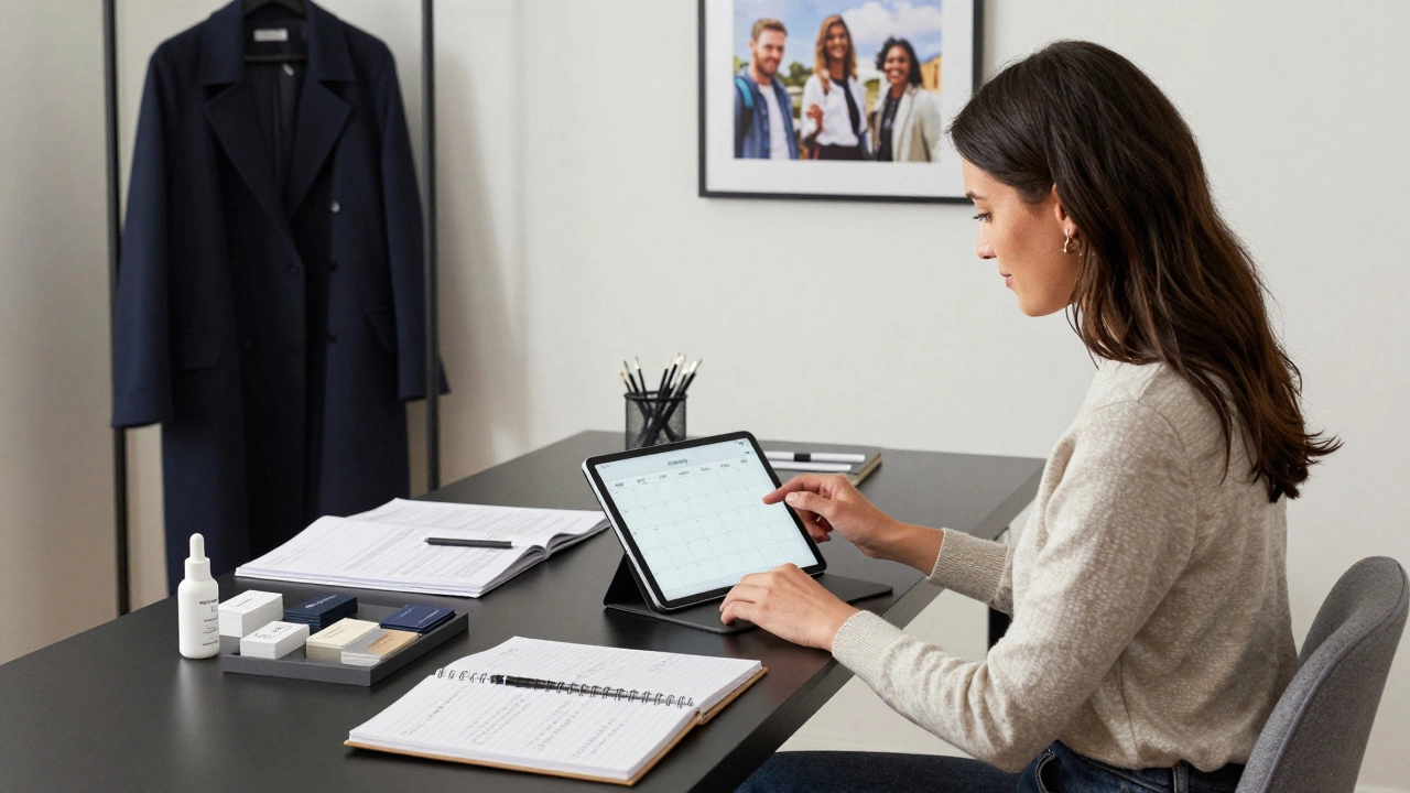 A professional woman works in her London home office, organizing her schedule with care and precision.