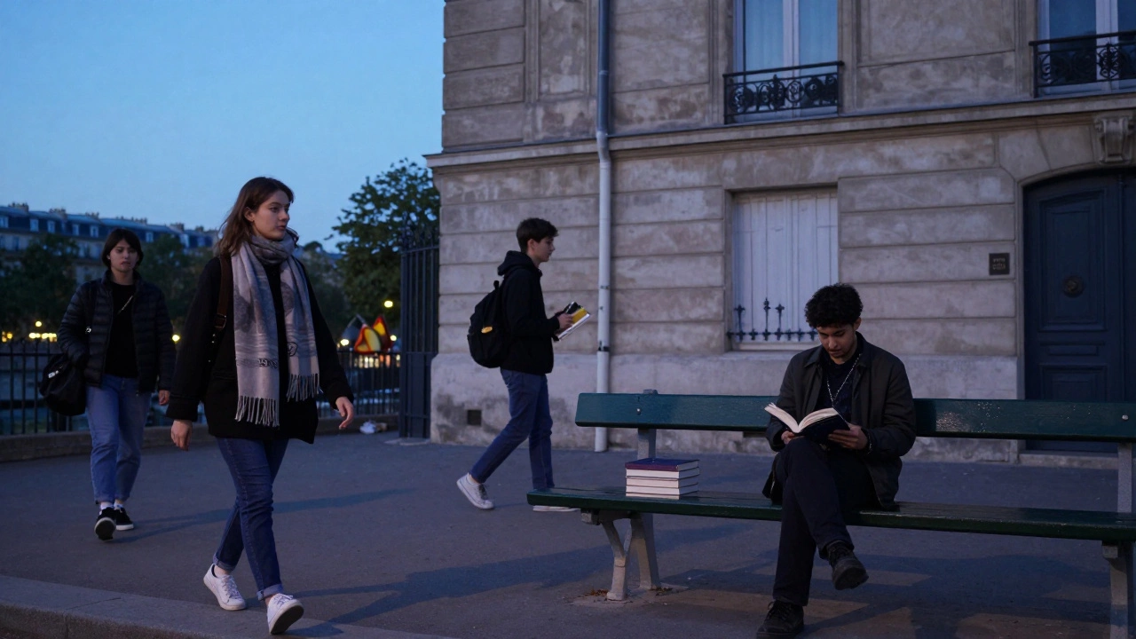 Solo travelers and locals in Paris at dusk, conveying quiet moments of connection.