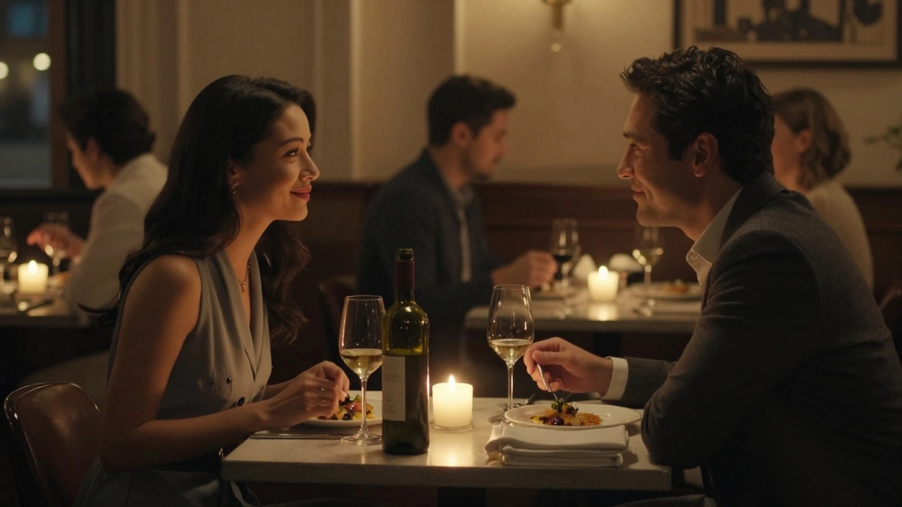 Two people enjoy a calm dinner in a Soho restaurant, illuminated by candlelight and focused on each other.